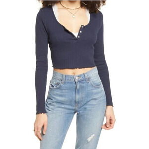 BP Women Navy Blue Long Sleeve Scoop Henley Neck Rib Knit Crop Top Large NWT